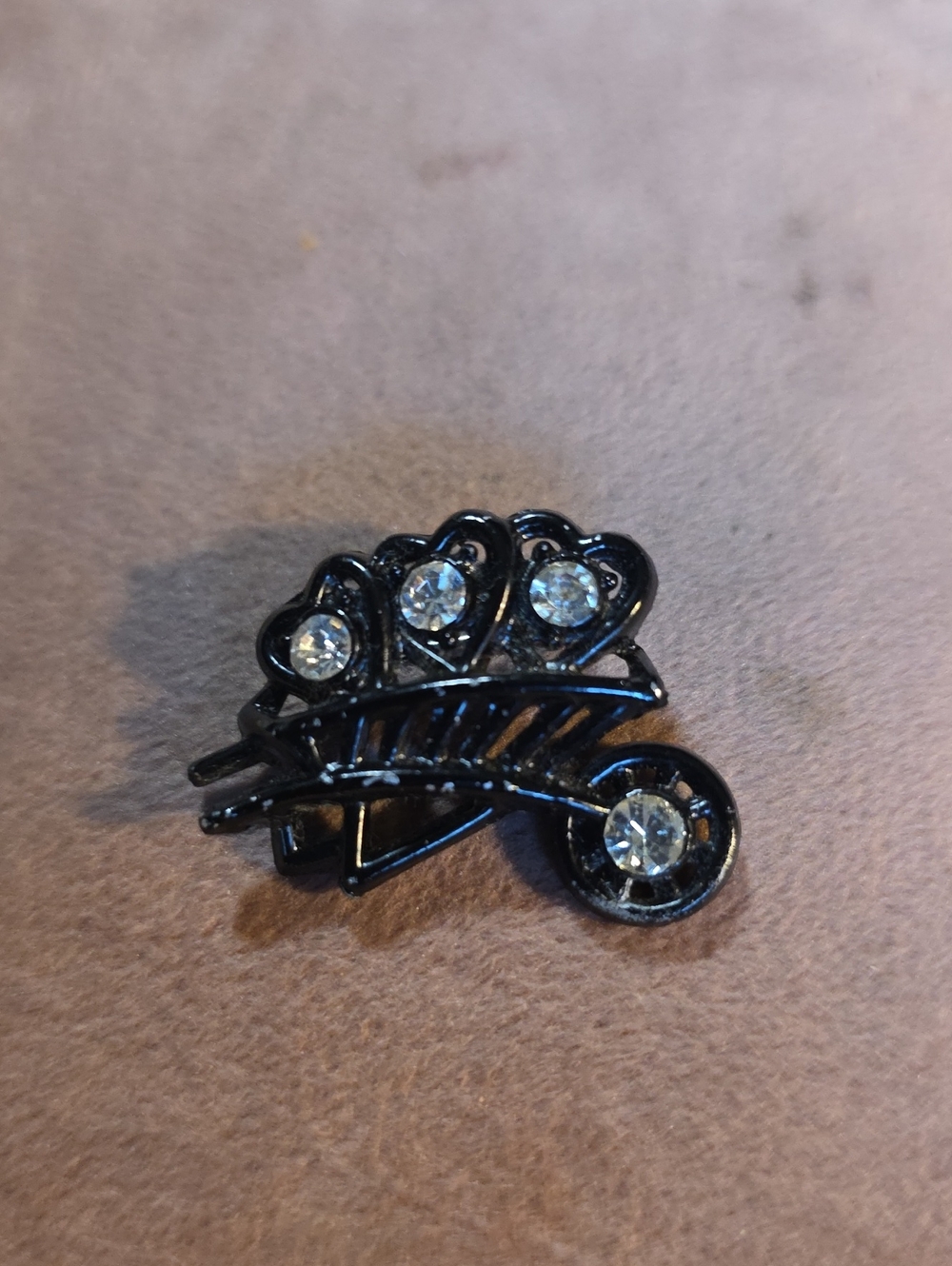 Black Enamel Floral Brooch with Clear Rhinestones